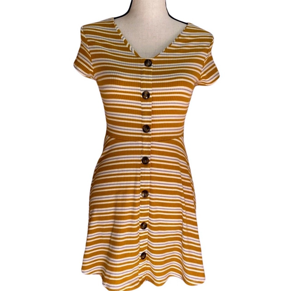 Ribbed Mustard Yellow and White Striped‎ Button Front Mini Dress Girls 14/Large